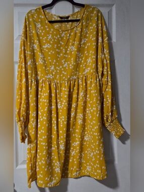 Yellow and White Printed Long Sleeve Dress